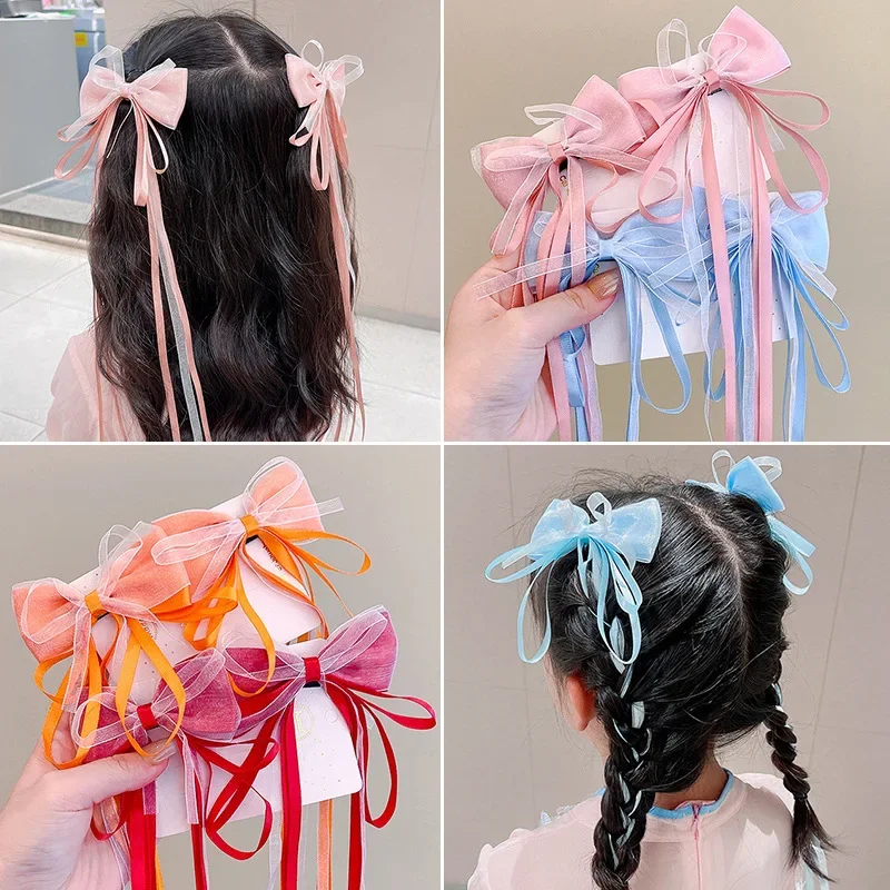 

2Pcs/Set Fairy Bow Long Ribbon Hair Clips for Baby Girl Hairpins Barrettes Headdress Kids Hair Accessories
