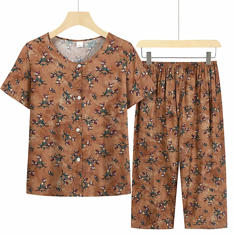 XL-4XL Grandma Printed Short Sleeve Nine Point Pant Suit Summer Sleepwear Women Home Wear Clothes Middle Aged Mother Pajamas