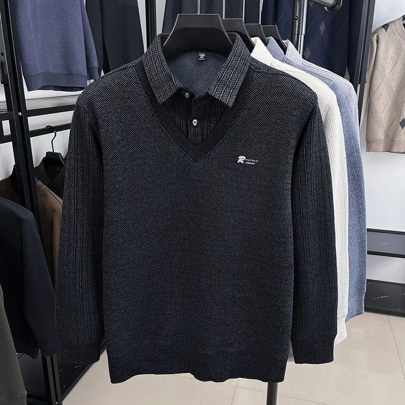 Luxury brand fashion shirt collar sweater men's new letter embossed plush thick warm business casual striped knitted pullover