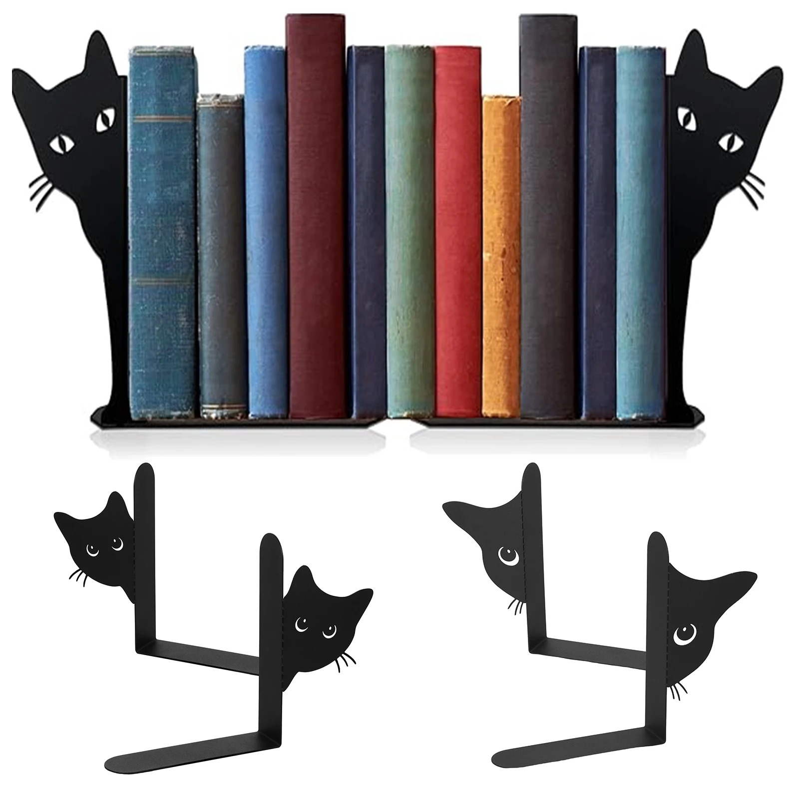 2 sujetalibros de hierro con forma de gato, soporte para libros pesados, estantería, organizador de libros, decoración de escritorio para el hogar, papelería