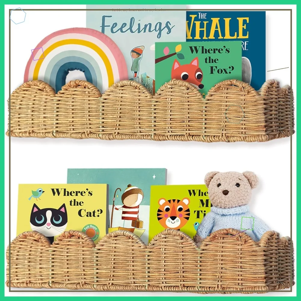 

Набор из 2-х настенных полок для книг из натурального ротанга с фигурным краем, ручной работы, для детских комнат, декор для детской комнаты