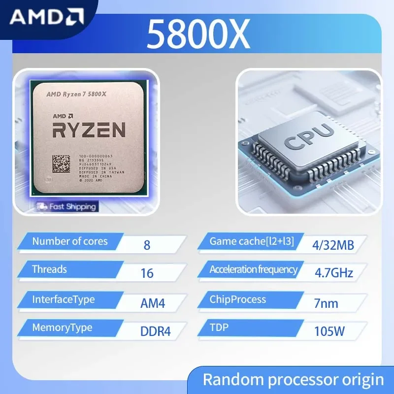 AMD Ryzen 7 5800X  Desktop Processor  8-Cores 16-Threads 3.8 GHz AM4 Socket CPU Up to 4.7 GHz 3200 MT/s DDR4 7nm L3= 32 M