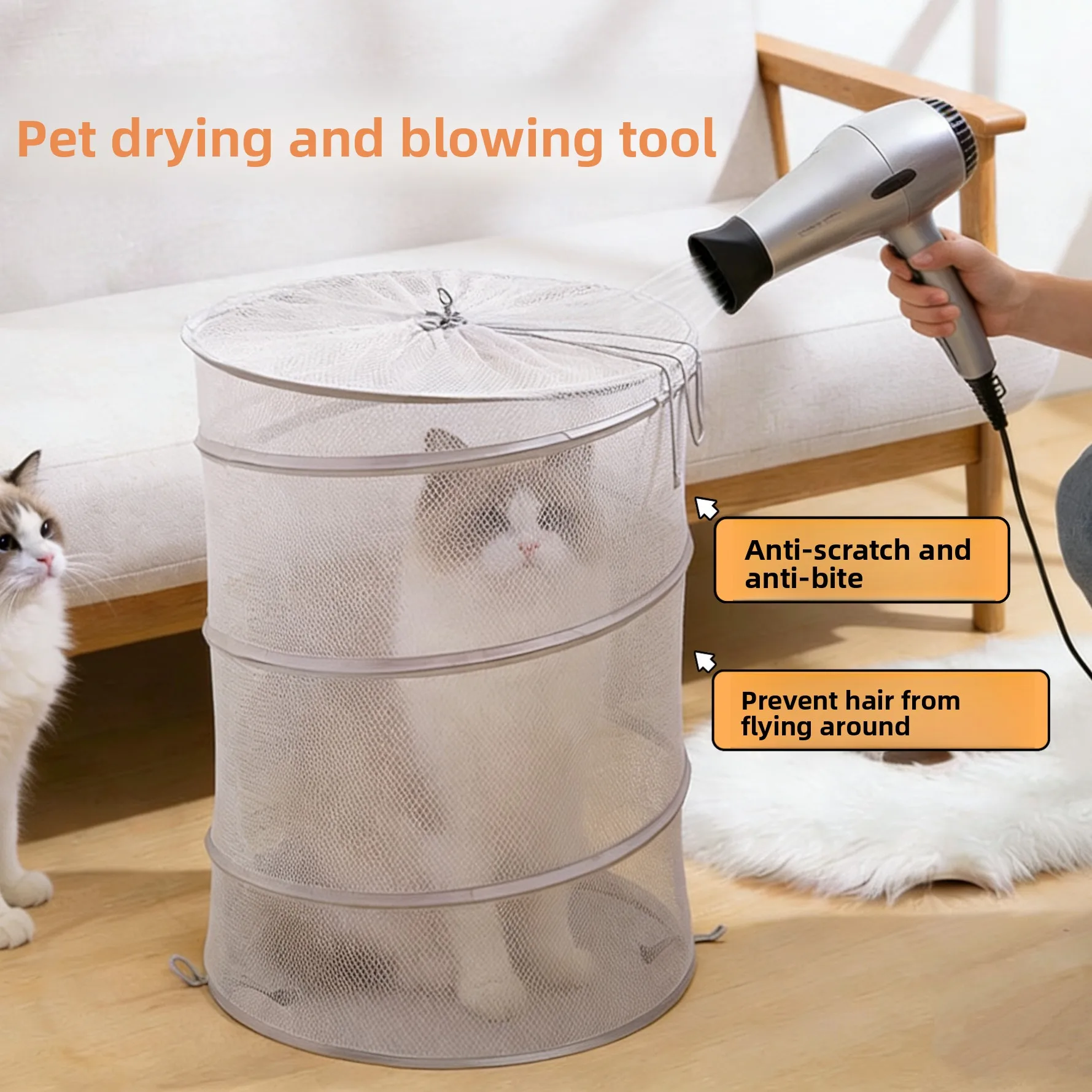 Foldable Pet Drying Tent Bag Anti‑Scratch Bite‑Proof Design, Cat Bathing Blow‑Dry Box for Home Pet Grooming Use