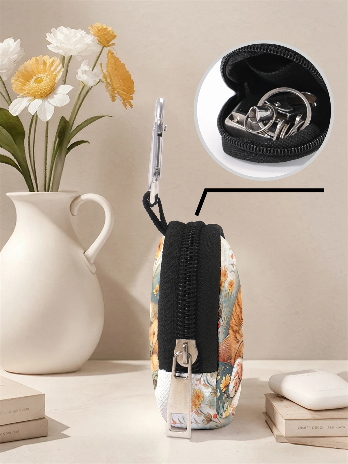 Bedruckte Mini-Geldbörse mit Katzenmuster, leichte Wickeltasche mit Reißverschluss und Hakenclip, Kopfhörer-Schlüsseltasche, geeignet für Männer und Frauen – Detail 5