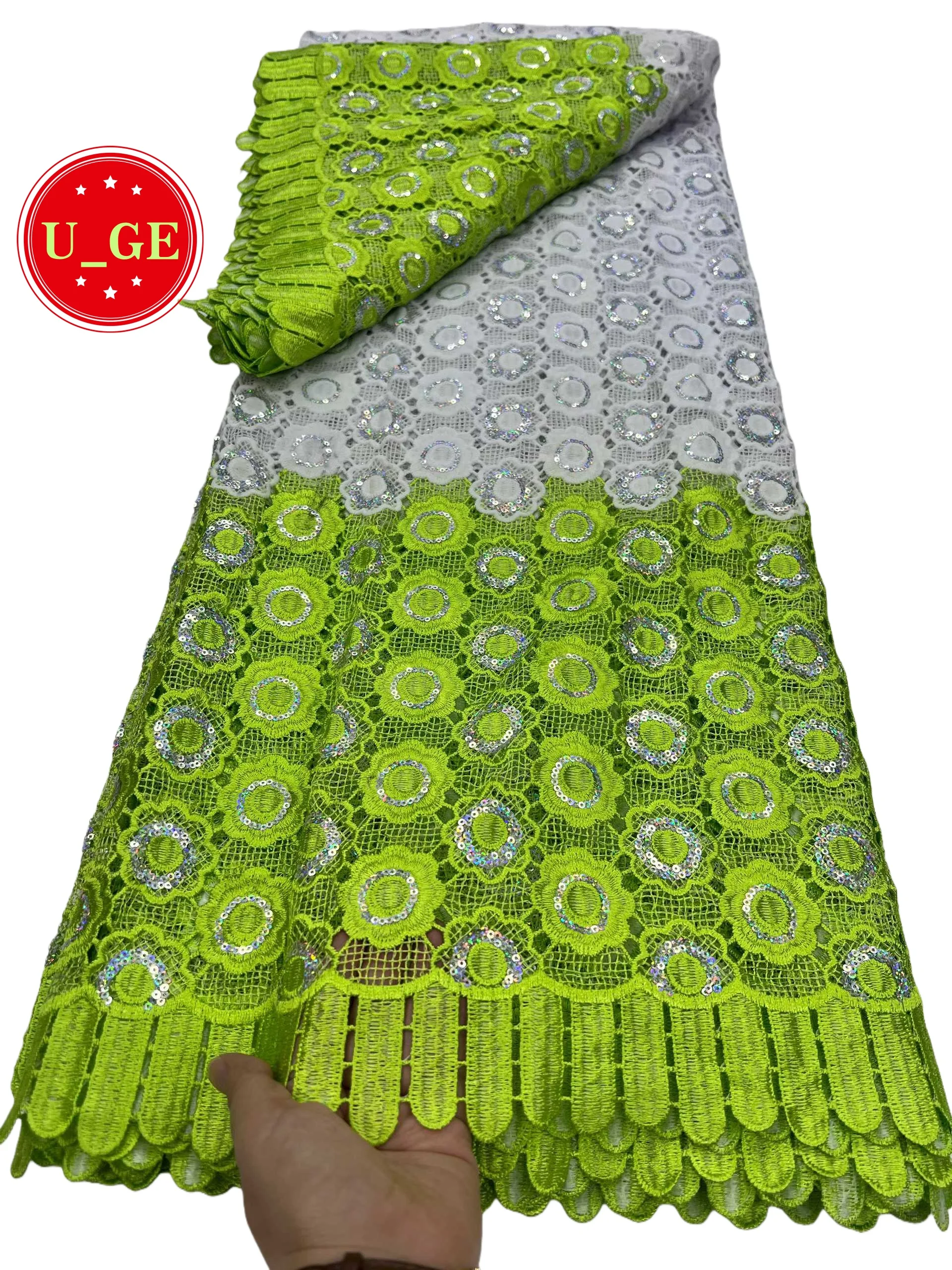 

2026 Skin friendly Best Quality Delicate Riche Guipure Cord Lace With Sequined Fabric For Party Evening Dress U_GE5698