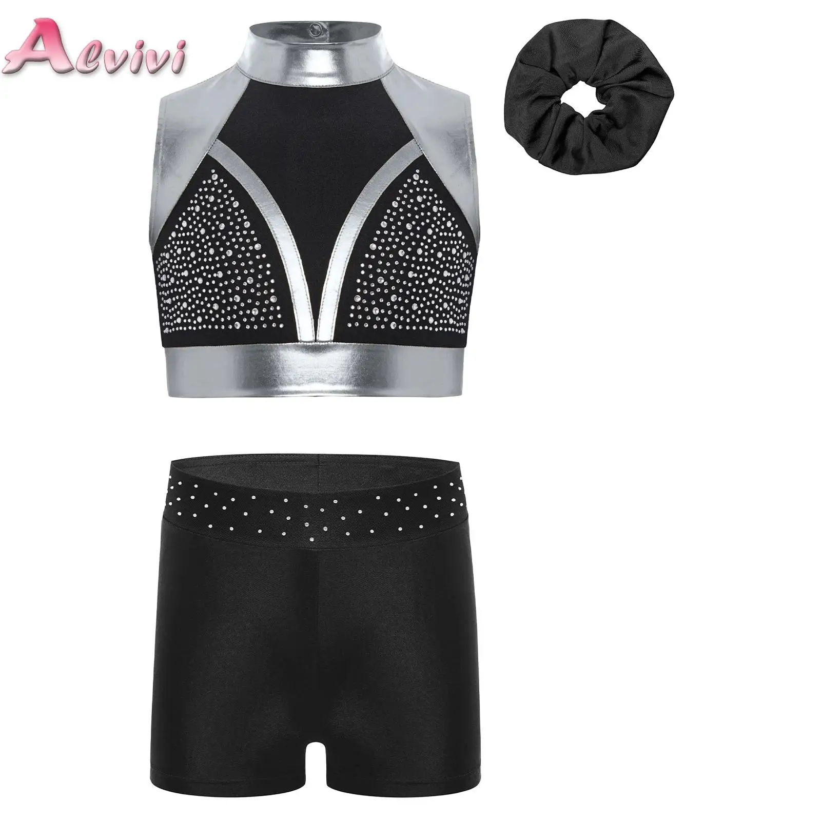 

3Pcs/Set Kids Girls Gymnastics Dance Outfit Yoga Sportswear Set Shiny Rhinestones Color Block Crop Top with Shorts and Headwear