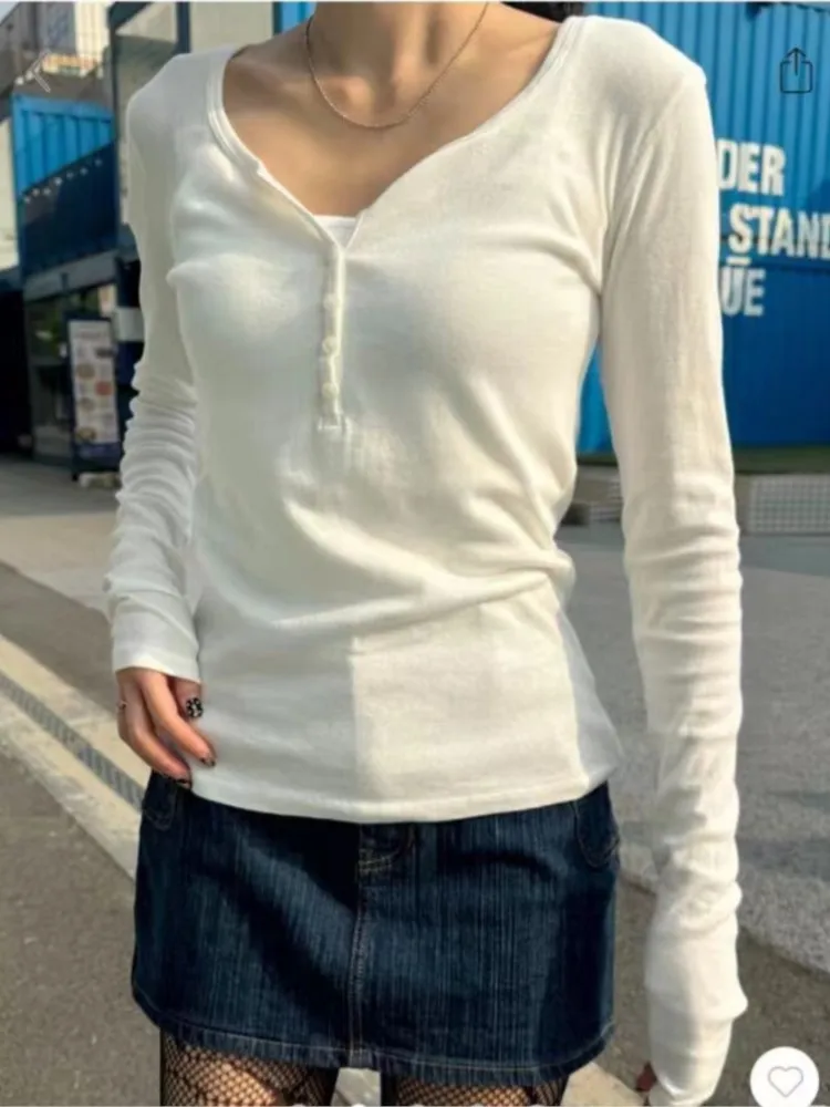 Sześć Guzików Koszulki z Długim Rękawem Okrągły Dekolt Białe Koszulki Jednolity Kolor Prosty Casual Top Kobieta Nowa Wiosna Jesień Slim Tshirt — zdjęcie 2