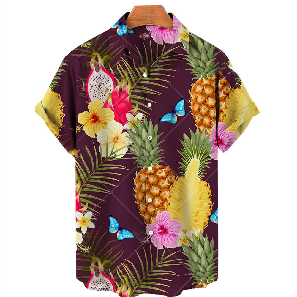 Summer Hawaiian Shirts Fruit 3d Print Shirt Men Women Fashion Pineapple Shirts Single-Breasted Short Sleeve Blouse Mens Clothing