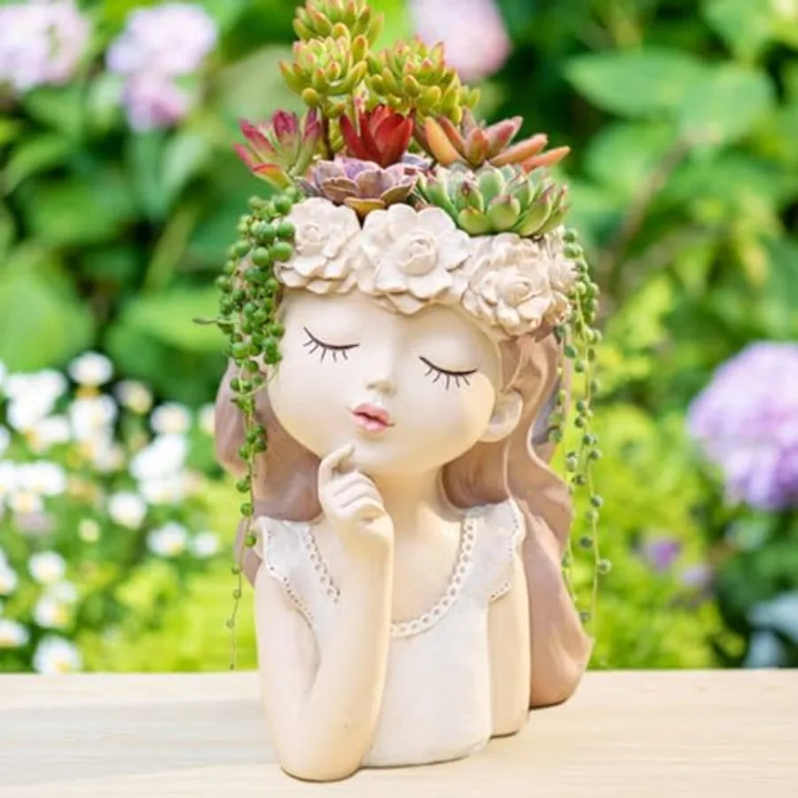 

Succulent Plant Pot Drainage Hole girl face planter pot big Resin lady head planter 11 inch tall flower vases indoor Outdoor pl