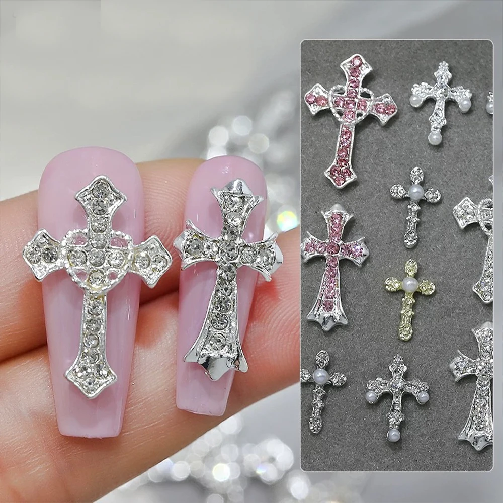 5 Stück Y2k Gothic Luxus Kreuz Nail Art Charms 3D Rosa/Silber/Schwarz Großes Herz Kreuz Nagel Strasssteine für DIY Maniküre Handwerk Deco