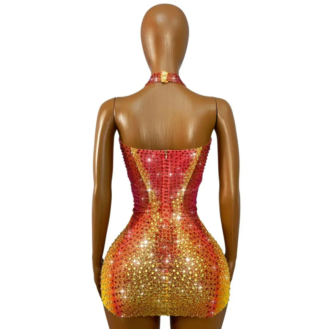 Honghaixia Luxury Gradient Hot Pink To Orange Sheer Mesh Crystal Short Dress Halter Keyhole Collar Nightclub Rave Outfit