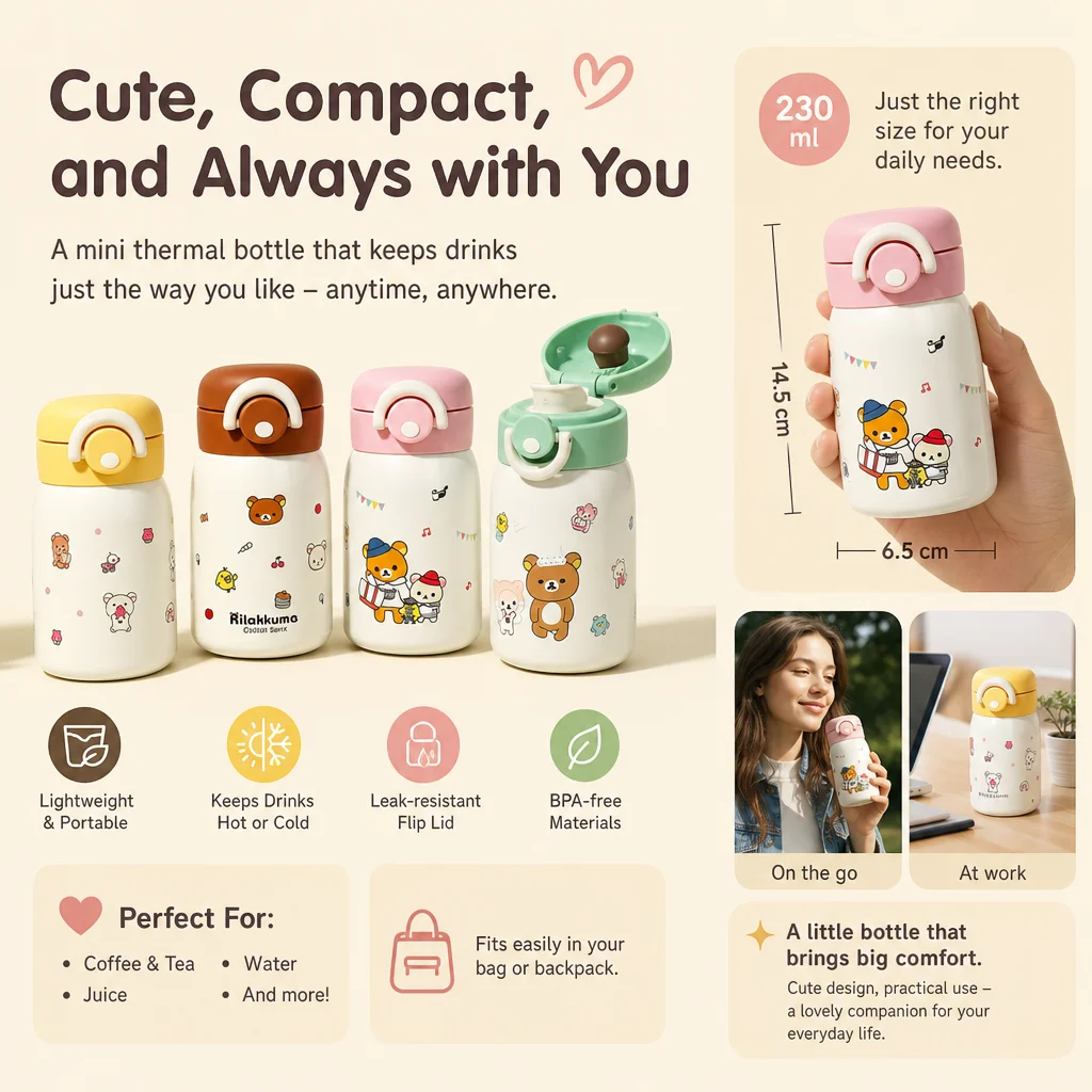 Rilakkuma 230ml Mini-Vakuum-Wasserflasche aus 316 Edelstahl, auslaufsicher, tragbarer, isolierter Becher für Outdoor-Reisen und Büro