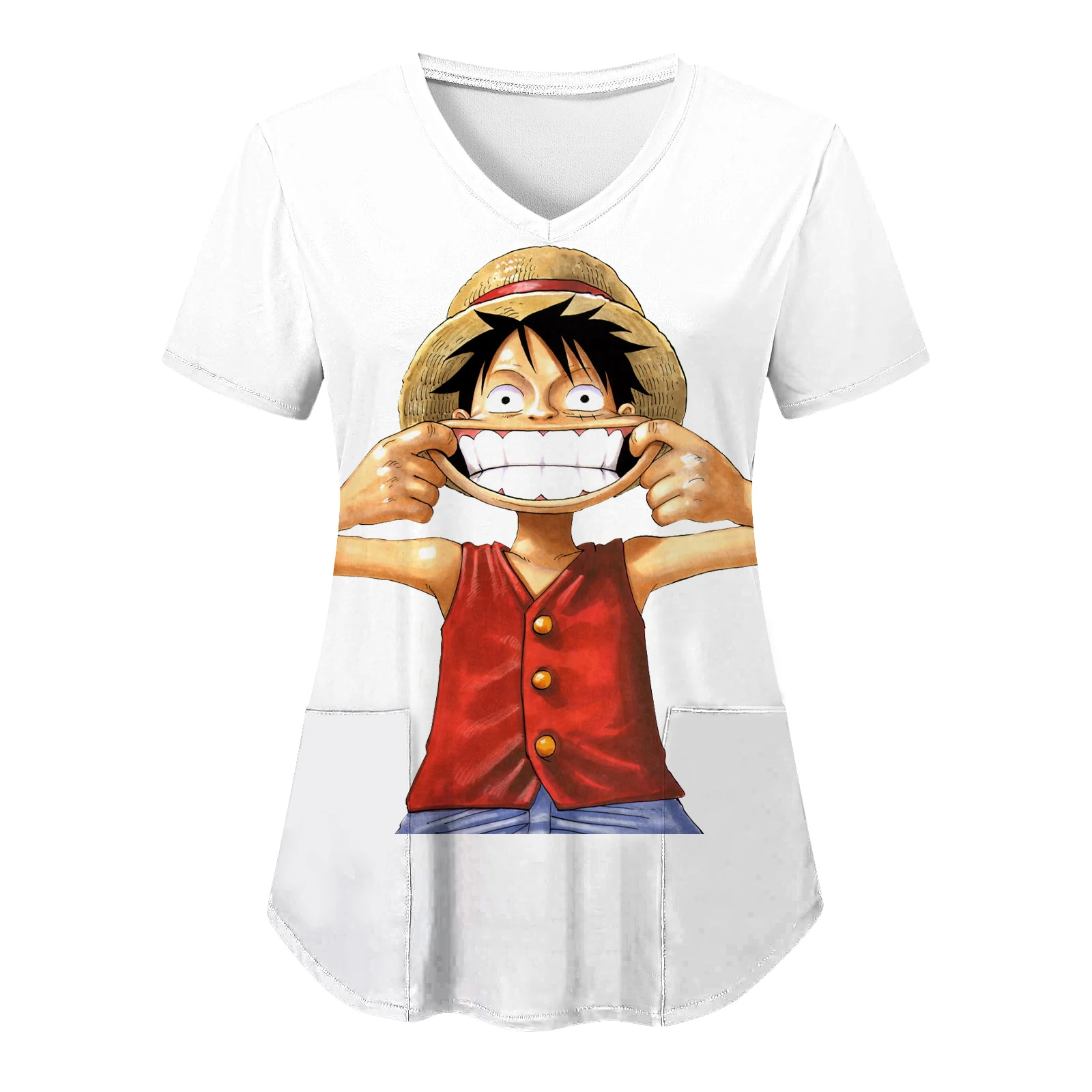 

V Neck Anime Tops for Women 2024 Pocket T Shirts One Piece Hospital Nurse Uniform Woman Clothes Zevity T-shirts Top Uniform Neck