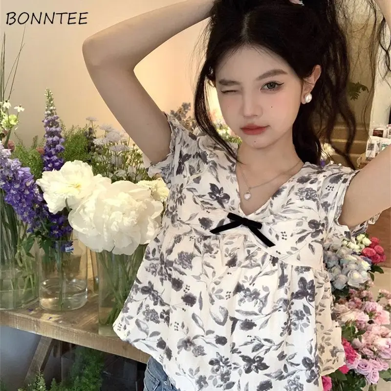 Blouses Women Flowers Folds Simple Daily Sweet Graceful Vintage Korean Style Charming Delicate Ladies Spring All-match Basics