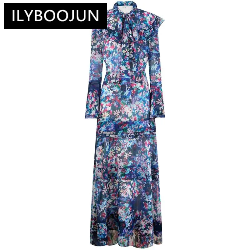 

ILYBOOJUN Autumn Fashion Runway Vintage Floral Print Dress Women Frenulum Collar Button Ruffles High Waist Slim Party Long Dress