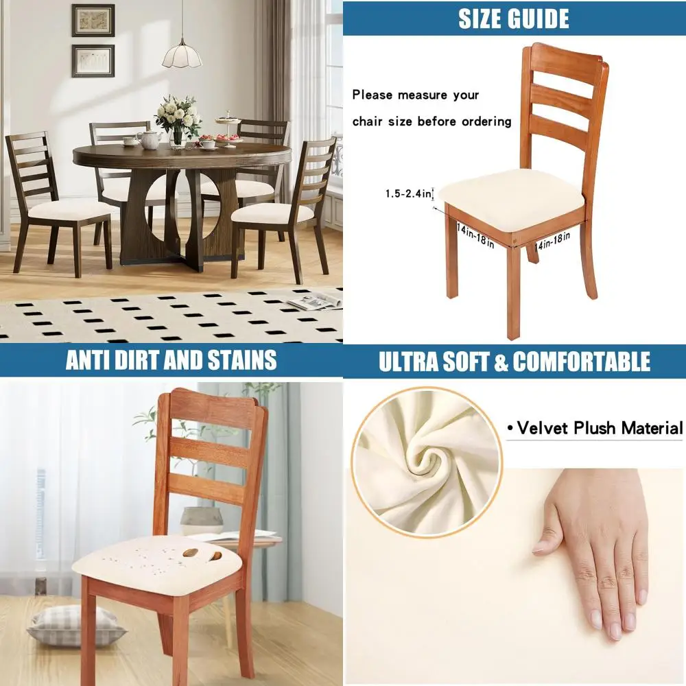 

Set of 8 Cream Smiry Velvet Dining Chair Seat Covers, Stretchable, Removable, Washable with Ties