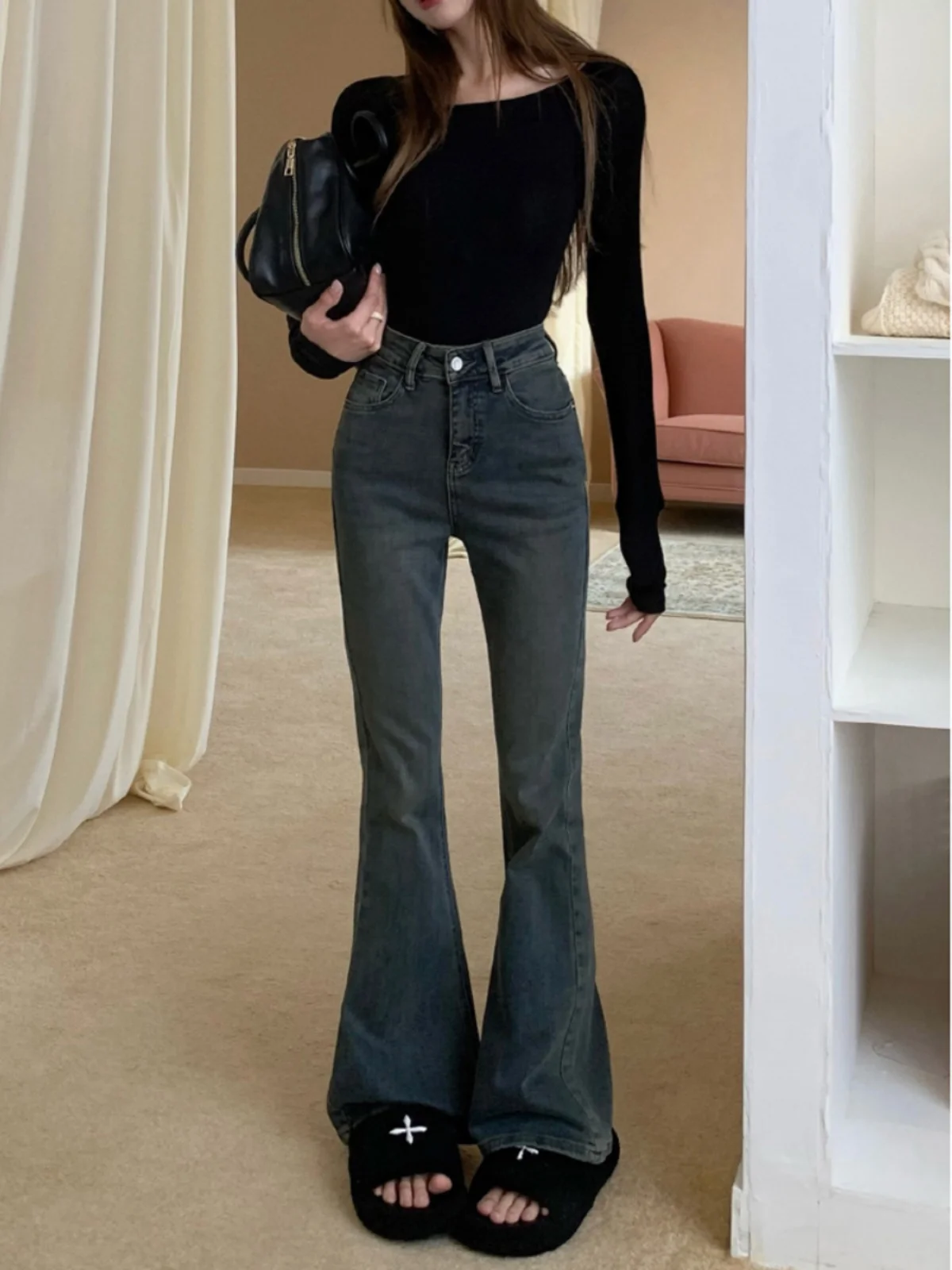 

2024 Women Autumn Witer Retro High Waist Stretch Jeans Female Long Denim Mop Pants Ladies Solid Color Flared Trousers S789