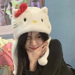 Hello Kitty Autumn and Winter Cute Plush Childrens Cartoon Hat Headgear Student Thickened Warm Ear Protection Riding Hat