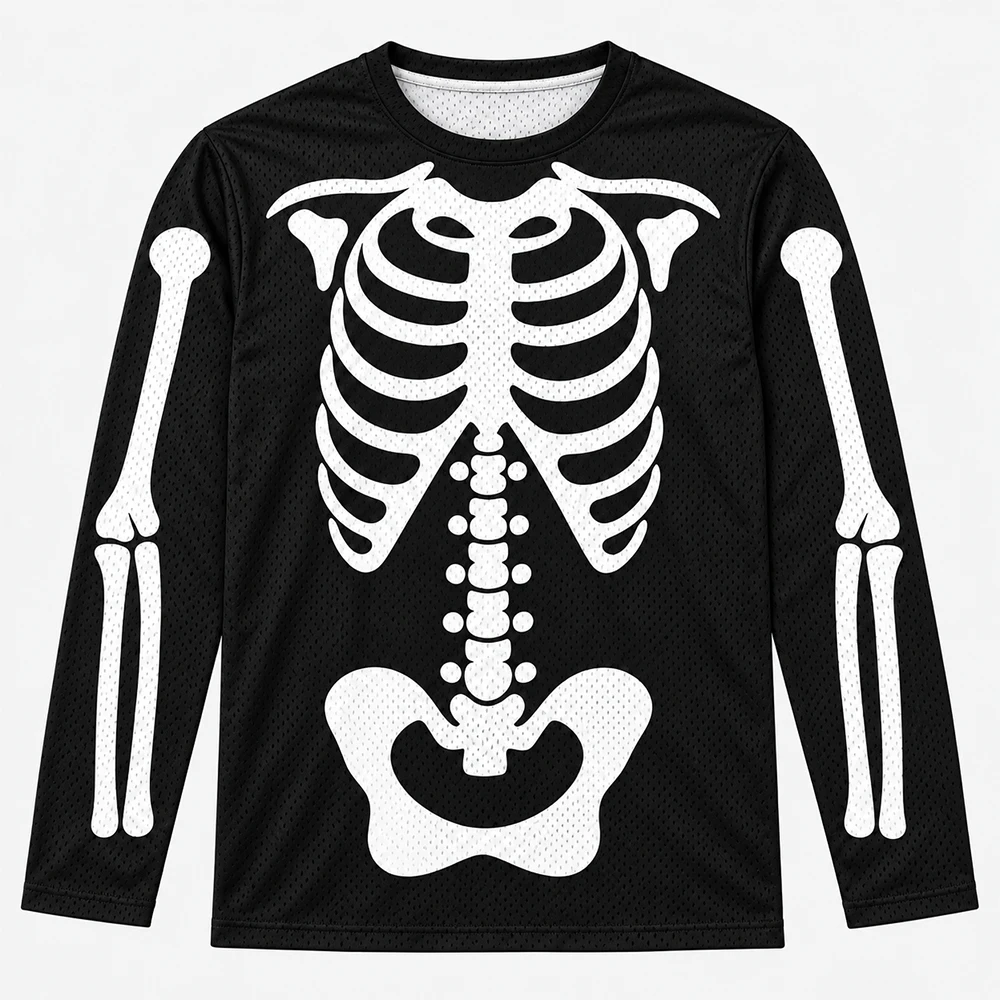 Halloween Skeleton Printed Long Sleeve T-shirt for Men, Gothic, Dark, Human Skeleton, American Punk, Asexual, Trendy Clothes
