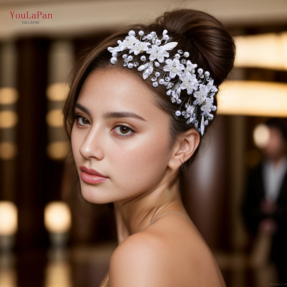 YouLaPan, banda ancha para el cabello con flores para novia, Color plateado, aleación, hoja, perla, accesorios para el cabello de boda, diademas para mujer, fiesta HP671