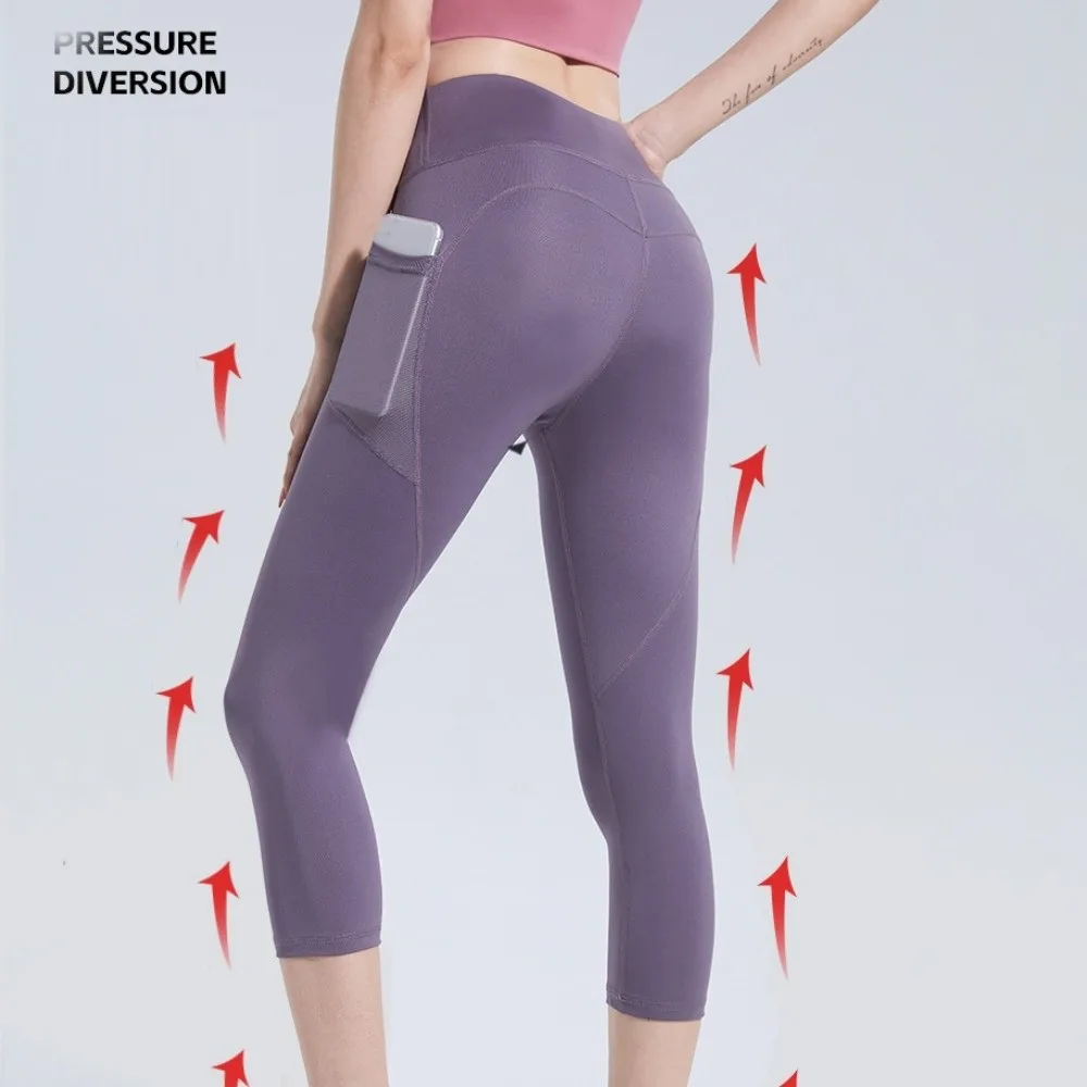 

Укороченные брюки для йоги длиной до икры, спортивная одежда, быстросохнущие брюки для фитнеса, спортивные леггинсы с сетчатыми карманами и высокой талией для бега