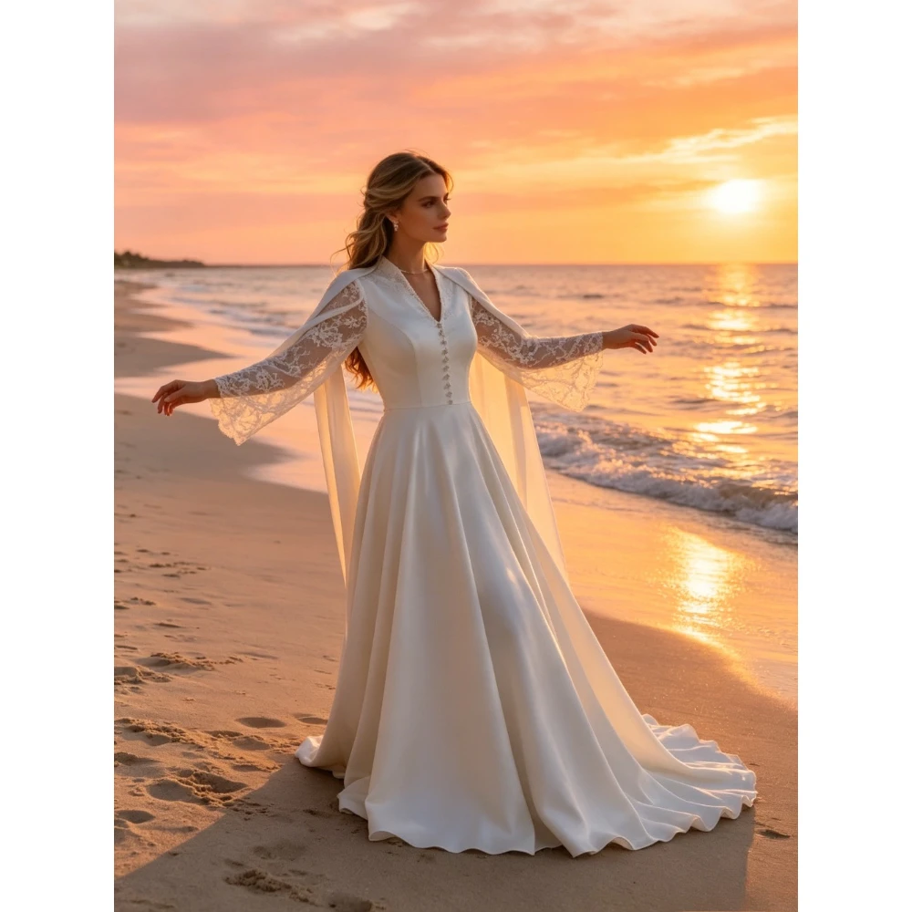 Customized V-neck Satin A-line Wedding Dresses 2026 New Transparent Lace Long Sleeved with Shawl Bridal Gown Front with Pearl