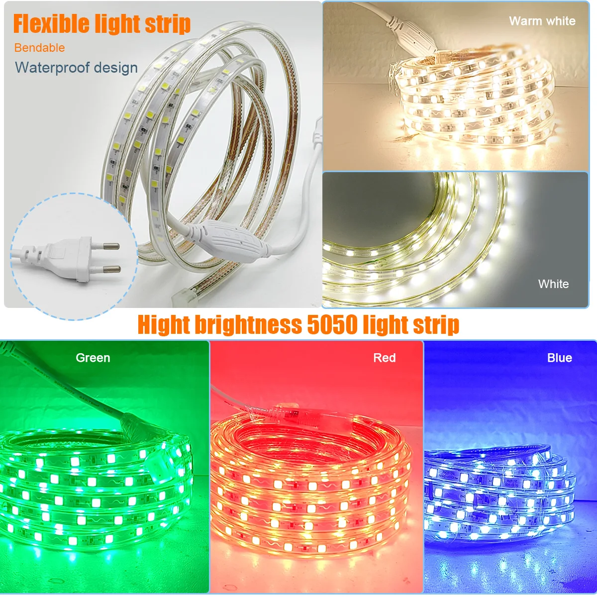 60Leds/m SMD 5050 Led Strip Light 220V High Brightness Waterproof Flexible Kitchen Outdoor Garden Led Lights 5m10m EU plug