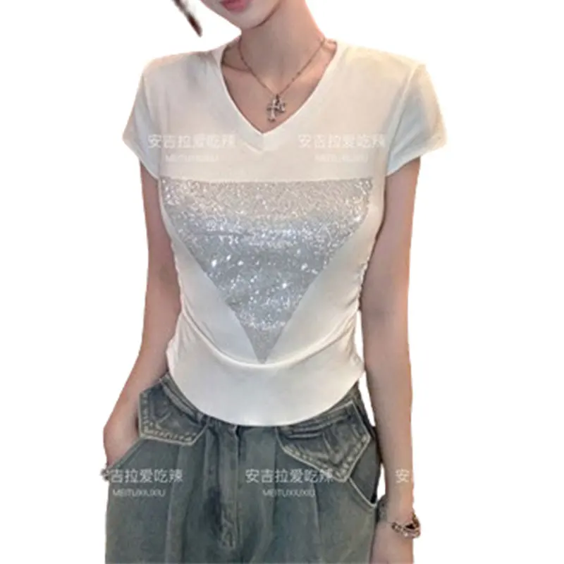 2024 Elegant Fashion Harajuku Slim Fit Female Clothes Loose Casual All Match T-shirts V Neck Insert Cotton Short Sleeve Tshirts