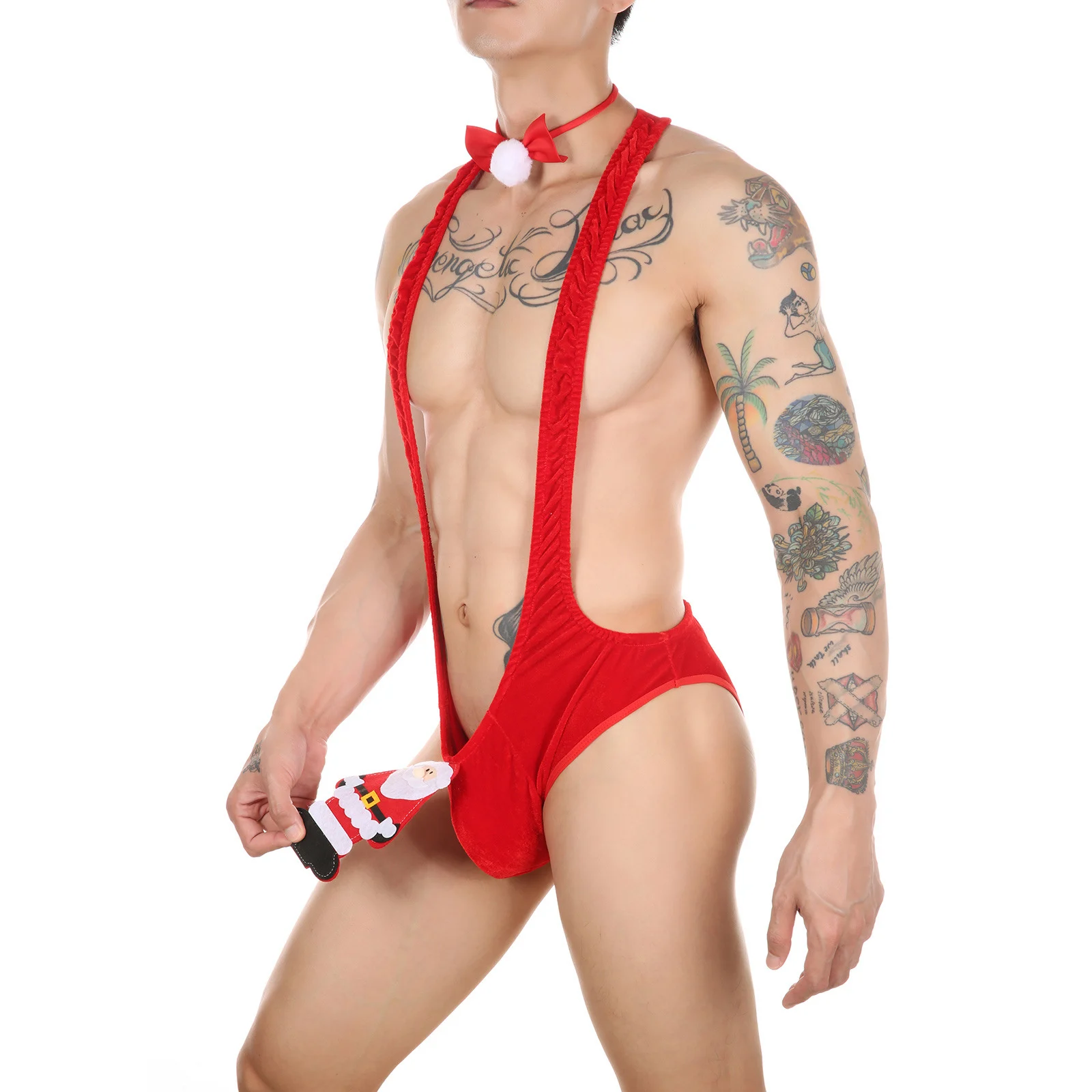 Rot Herren Weihnachten Cosplay Kostüm Tiefe U Öffnen Hintern Samt Body Puppen Ausbuchtung Beutel Overall mit Einstellbare Fliege für party