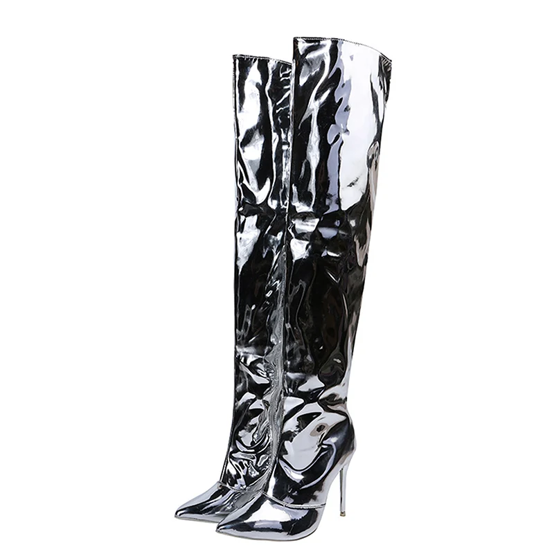 Elastic Sexy Mirror Glossy Female Long Boots Street Celebrity Banquet Runway Show Nightclub High Heel Slim Heel Women\'s Shoes