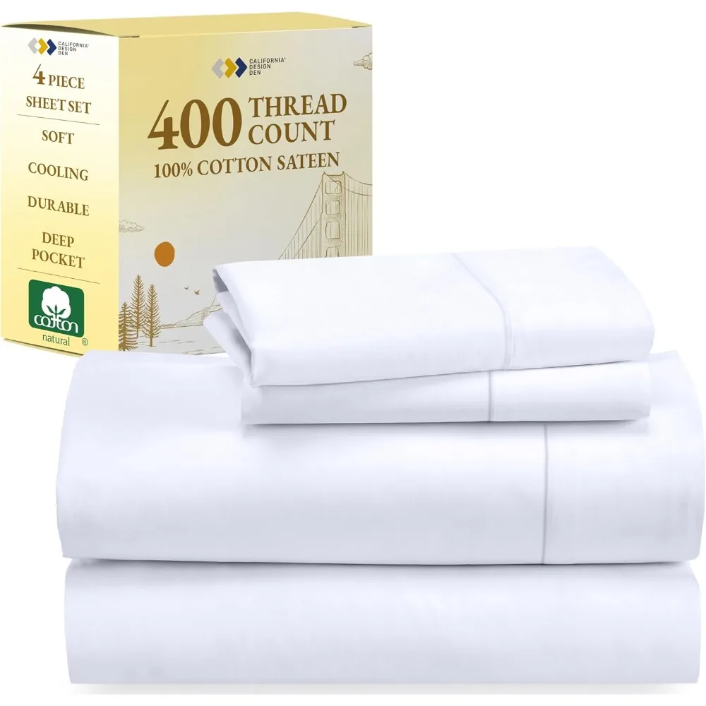 

California Design Den King Size Sheets Set - Soft 400 Thread Count Sateen, Natural 100% Cotton Sheets King Size, Deep Pockets wi
