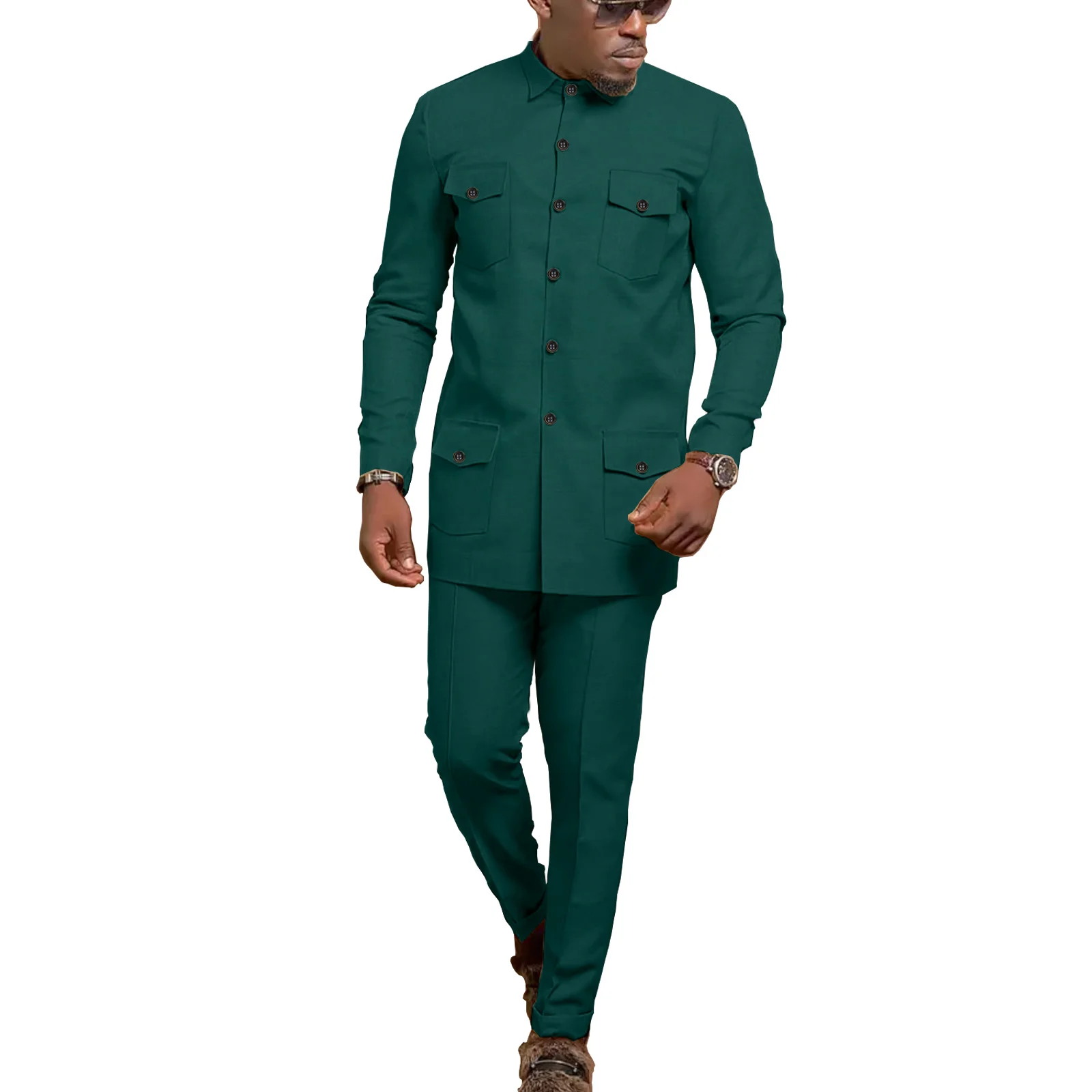 African Suits for Men 2 Piece Set Fashion Long Sleeve Shirt Pants Slim Fit Outfits Point Collar Gentleman Tribal Attire V2216384