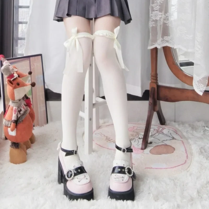 여성용 귀여운 나비 매듭 무릎 위 양말, 벨벳 얇은 스타킹, 로리타 레이스 트림 JK 카와이 단색, 부드러운 허벅지 높이 양말