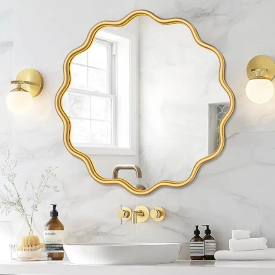 

Round Mirror 24 Inch Wavy Bathroom Vanity Mirror Frame Modern Wall Mirror Decorative Wall-Mounte Anti-Rust Tempered Glass