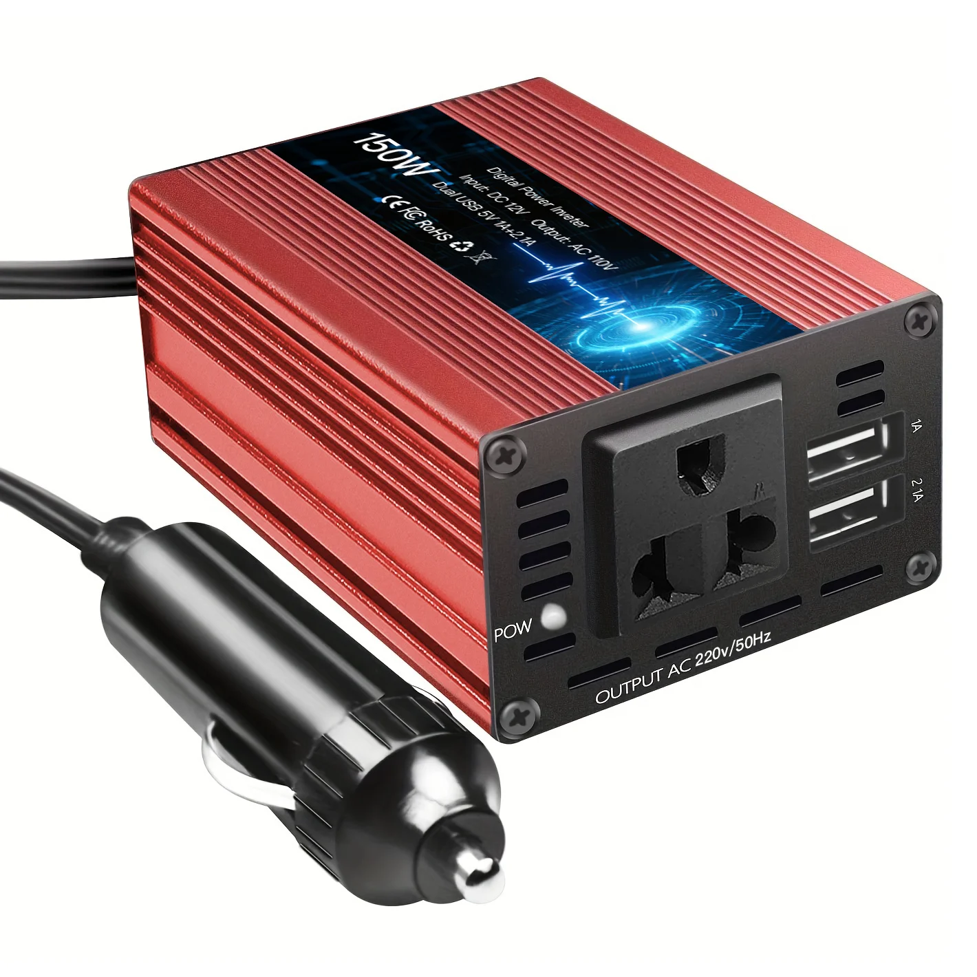1 inversor de corriente para coche de 150W, convertidor de CA de 12V CC a 110V/220V con puertos USB duales de 3,1A, carga rápida para teléfono, iPad, portátil, Overlo