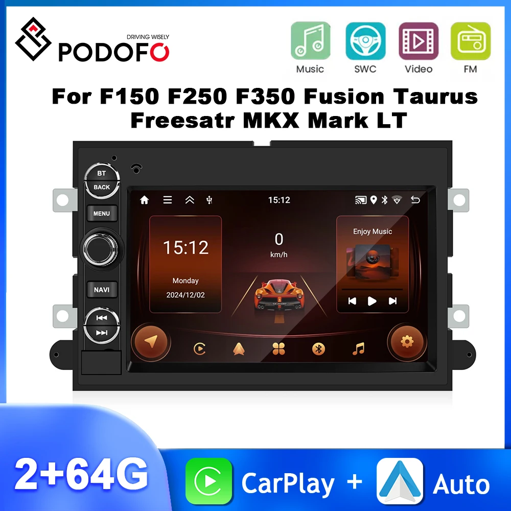 Podofo 4Core 7'' Car Radio For Ford F150 F250 MKX Fusion Montego GPS Navigation WIFI 2+64G Carplay Android Auto FM/RDS Car Audio