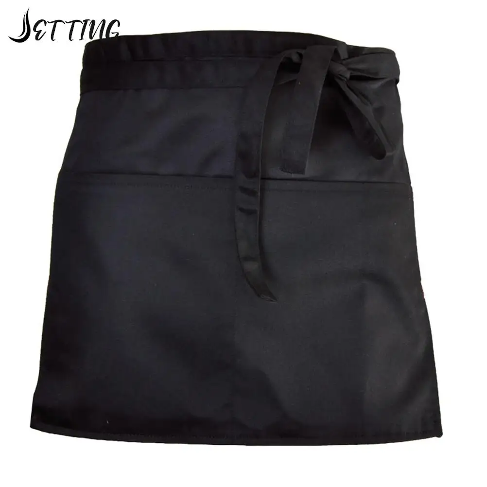 Black Half-length Apron With Pockets Women Waitress Antifouling Work Coffee Tea Shop Cafe Cooking Kitchen Men Short Waist Aprons