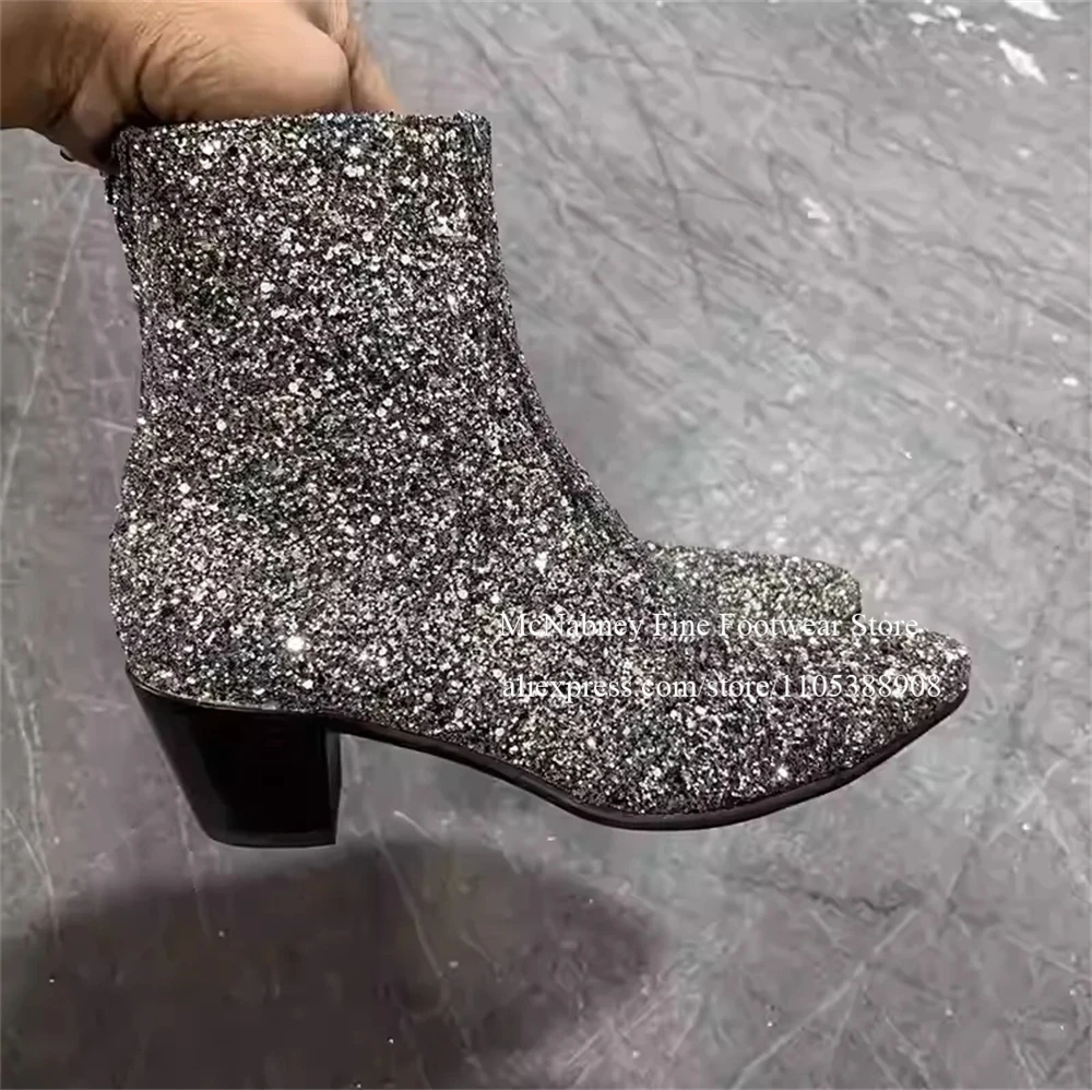 Silver Glitter Ankle Boots Handmade Pointed Toe Block Heel Side Zipper Men Casual Shoes for Streetwear Party Nightclub Plus Size