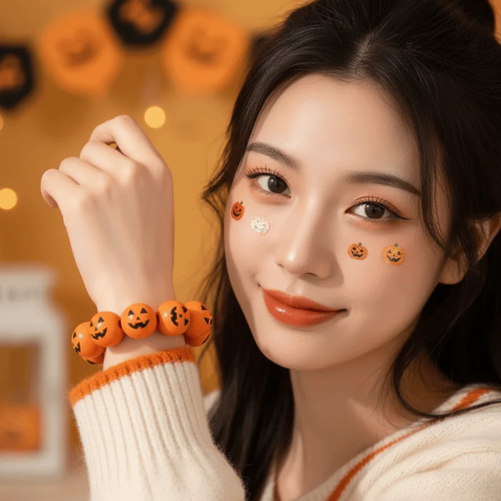 Devil Eye Bangle Elastic Halloween Bracelet Stretchy Wooden Pumpkin Beads Bracelet Durable Round Wood Wristband Unisex