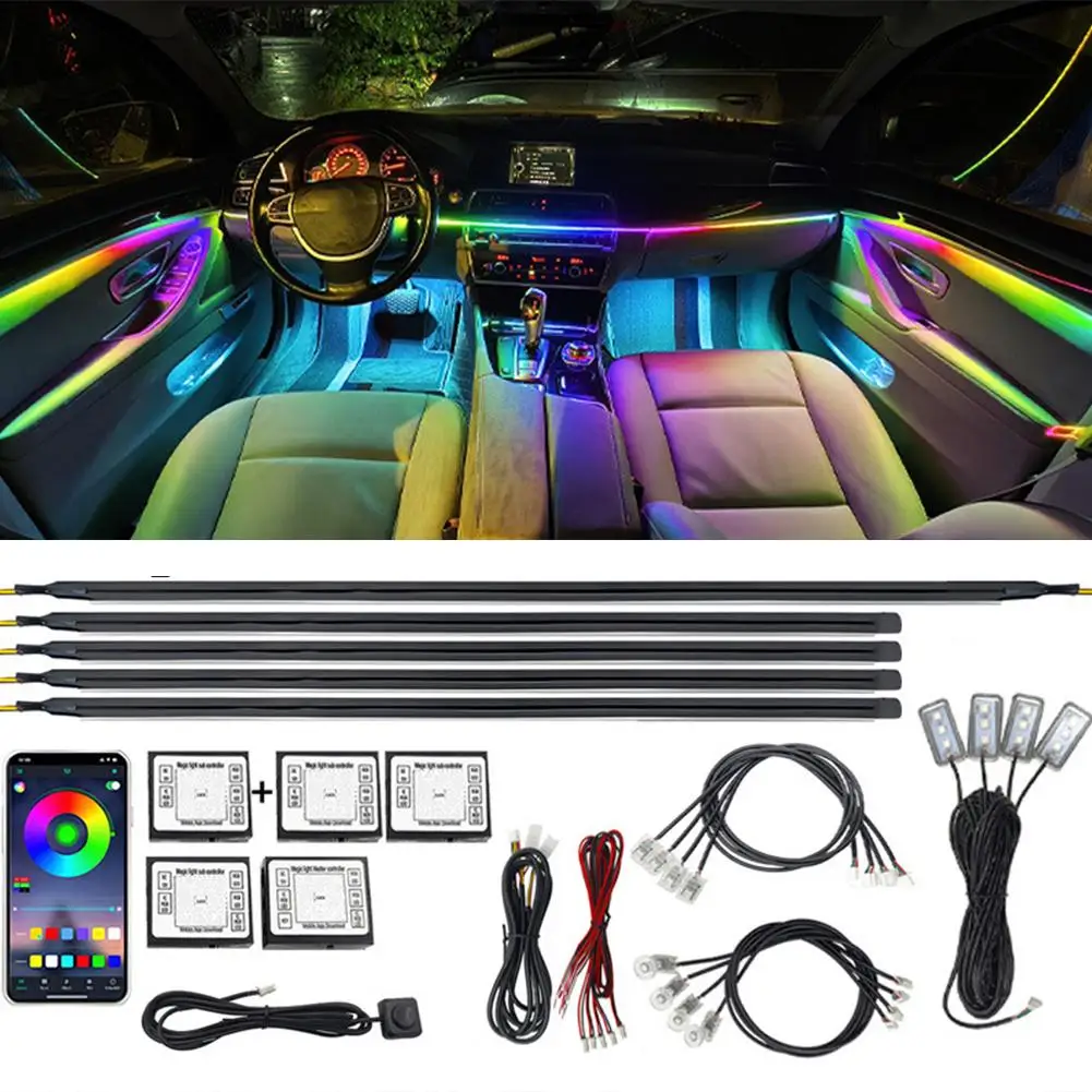 Luz LED ambiental Universal para Interior de coche, sinfonía, tira a todo Color, decoración, serpentina de atmósfera acrílica, 18 en 1, RGB H Y0L4