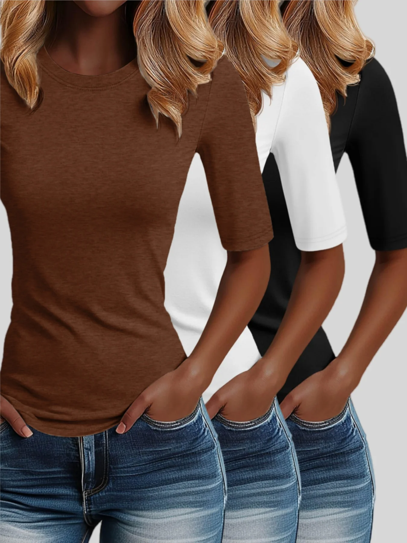 

Fall new collection - elegant and versatile women's mid-length long round-neck t-shirt set of three pieces