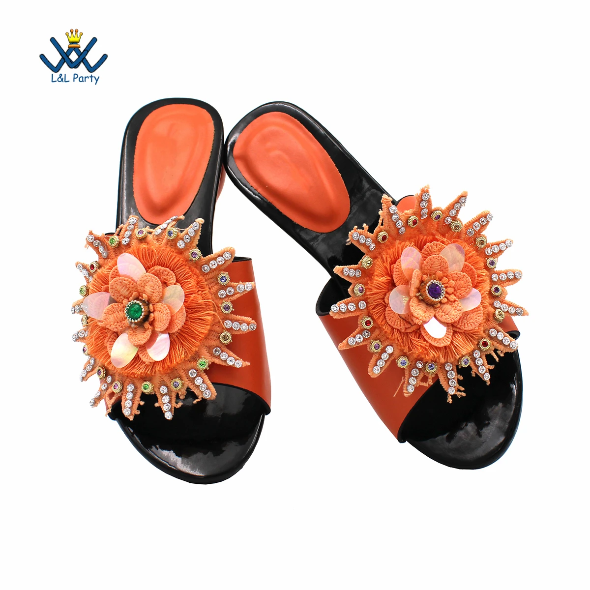 Orange High Quality Peep Toe Slipper wihtout Bag Flowers Design for Nigerian Royal Ladies Wededing Party