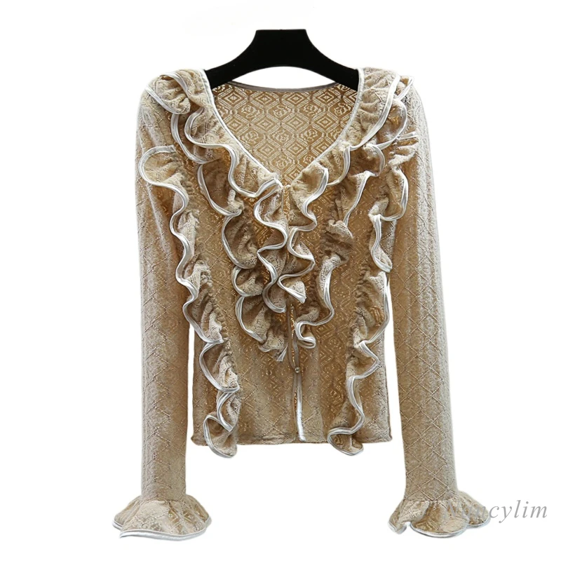 Small Ruffle Leaf Edge Splicing Long-sleeved Shirt Women Spring Winter High Waist Short Striped Color Matching Lace Blouses