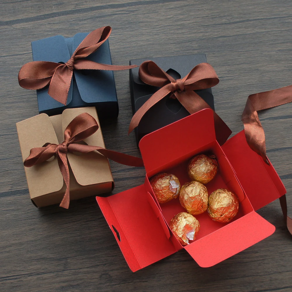 8*8*5 см, темно-красный, синий, черный, 10 комплектов, коробка для шоколада с лентой, подарок на день Святого Валентина, Рождество, день рождения, Упаковка для подарков