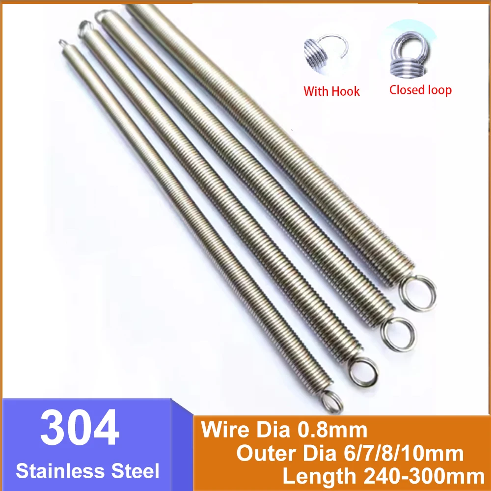 1pcs L 240-300mm Closed loop/With Hook Extension Springs Wire Dia 0.8mm Outer Dia 6/7/8/10mm 304 Stainless Steel Tension Spring