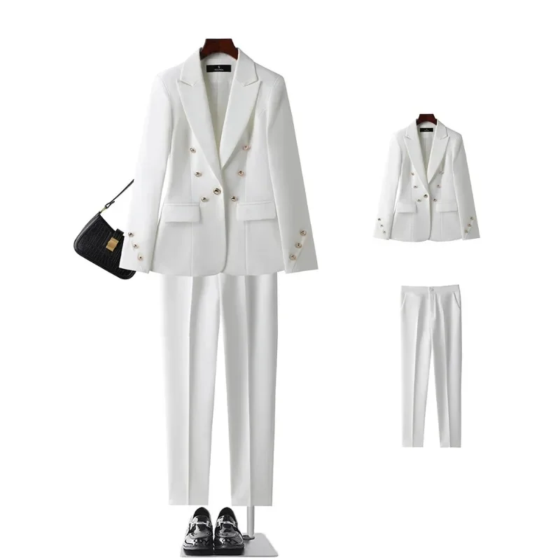 Fashion Women White Pink Black Pant Suit Female Button Decoration Blazer and Trouser 2 Piece Set For Office Ladies Work Wear