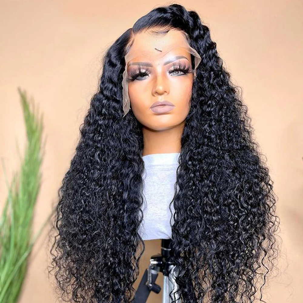 Peruca dianteira do laço longo Kinky Curly para mulheres, preto natural, cabelo do bebê, resistente ao calor, sem cola, pré-arrancadas diariamente, 180 densidade, 26"