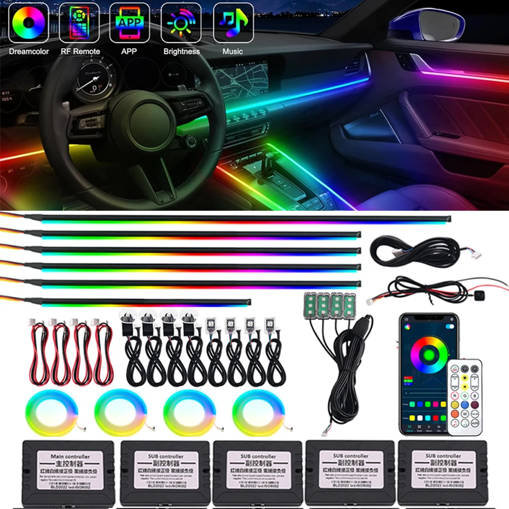 

22 in 1 Dynamic Acrylic LED Strip Interior Car LED Lights With Wireless APP & Remote Control Dreamcolor Car Ambient Lighting Kit