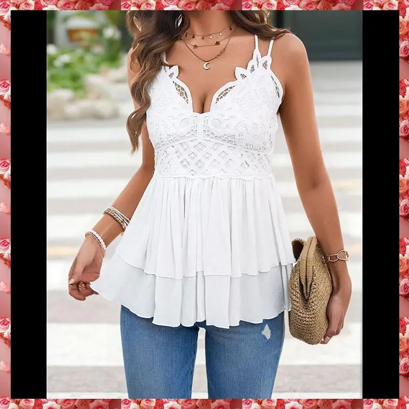 Canotte in pizzo per donna Camicie estive senza maniche con cinturino per spaghetti Babydoll Top Camicie senza maniche in chiffon