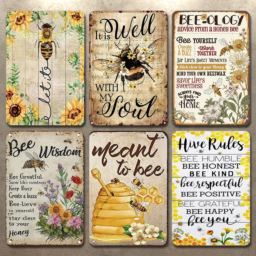 8Pcs Bee Vintage Metal Plate Rectangular Iron Painting Home Bar Decor Art Adult Gift Chrismas Gift Adult Gifts New Year Gifts